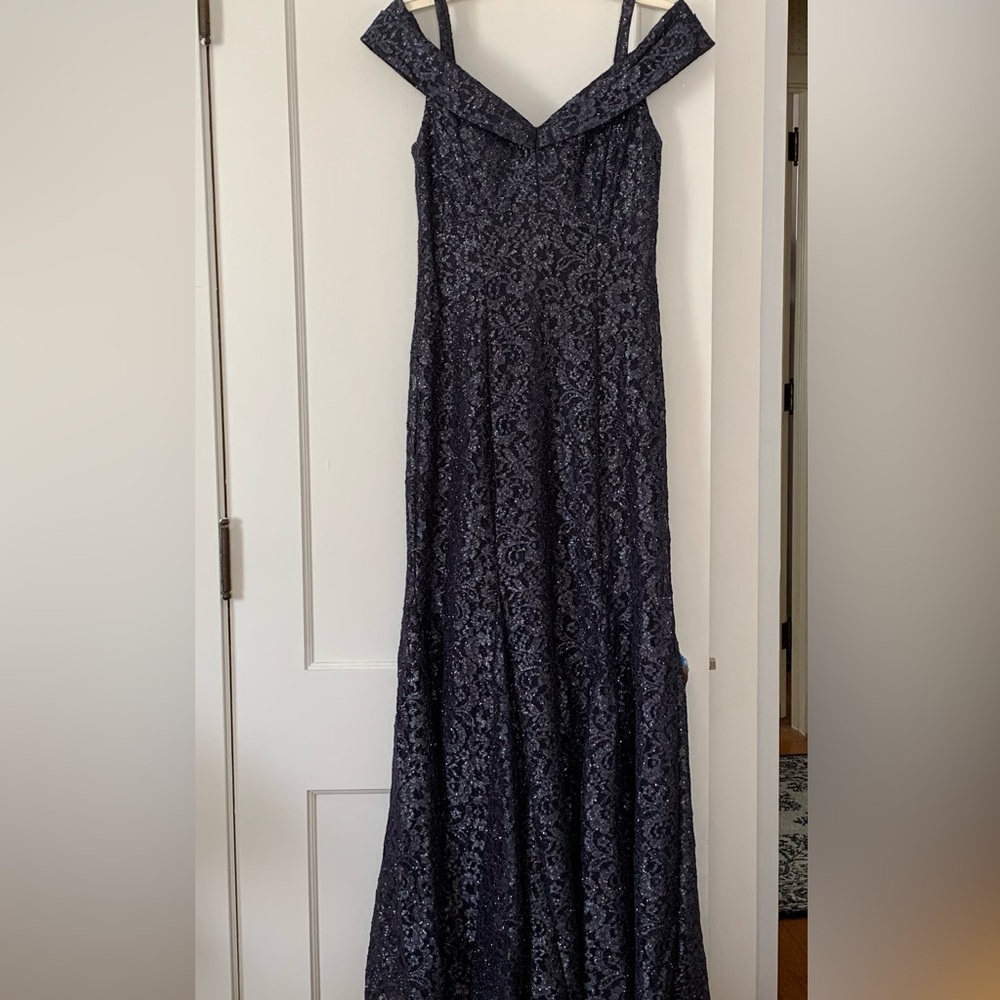 Steel off the shoulder evening gown